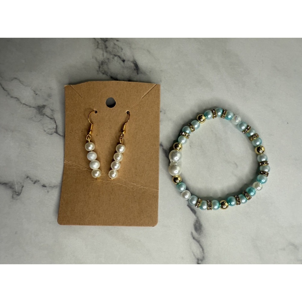 handmade beaded dangle earrings and bracelets Aqua pearl and gold tones‎